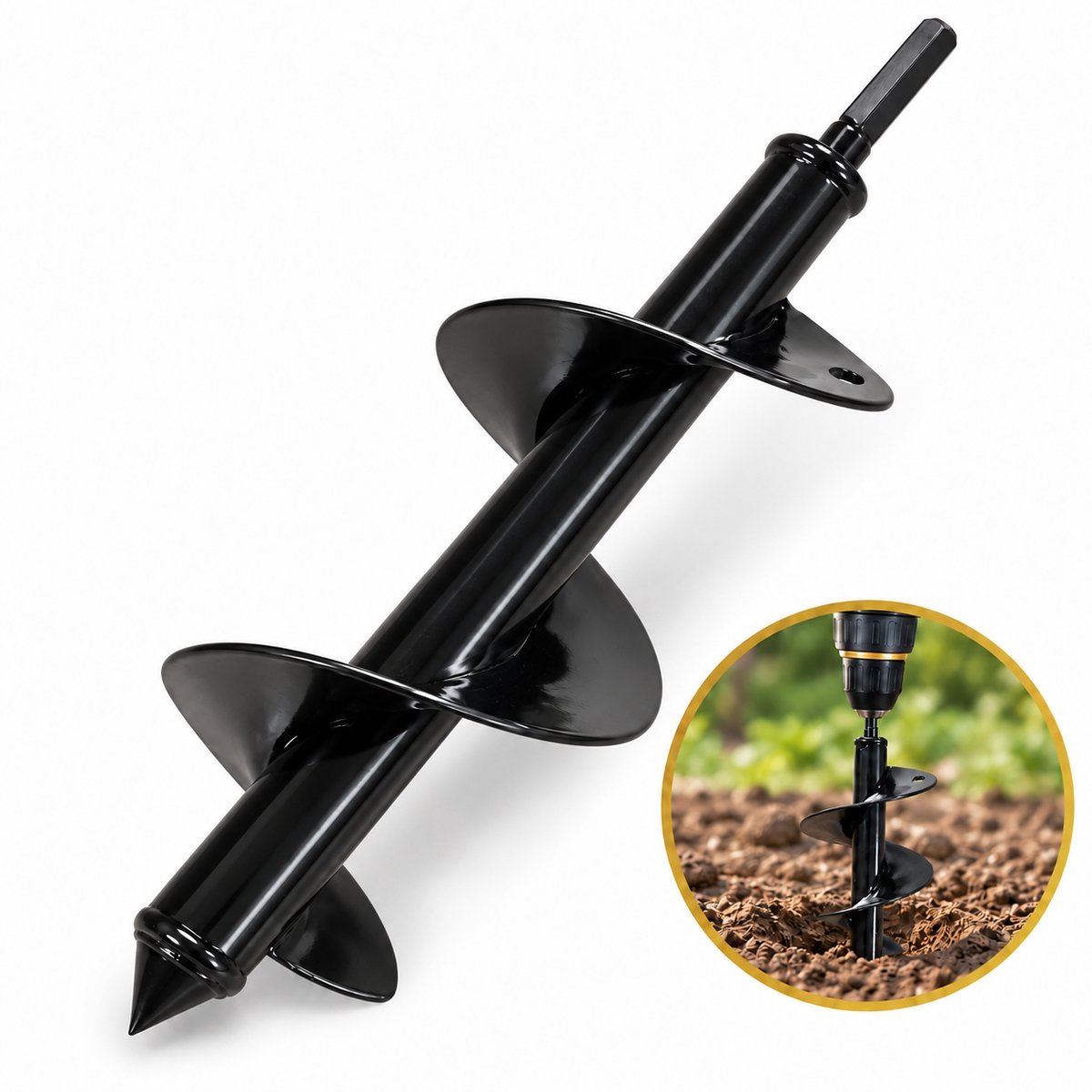DIVERZA Grondboor / Plantgatboor – Zeskant 10 mm – Spiraalboor voor Boormachine – 30 × 8 cm – Zwart