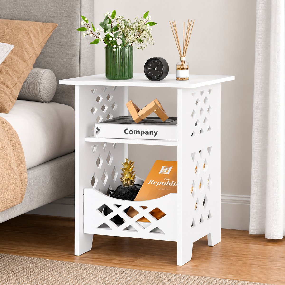 Kleine Bijzettafel Wit – Nachtkastje met Opbergvak – Smalle Salontafel – Compact Tafeltje voor Slaapkamer en Woonkamer