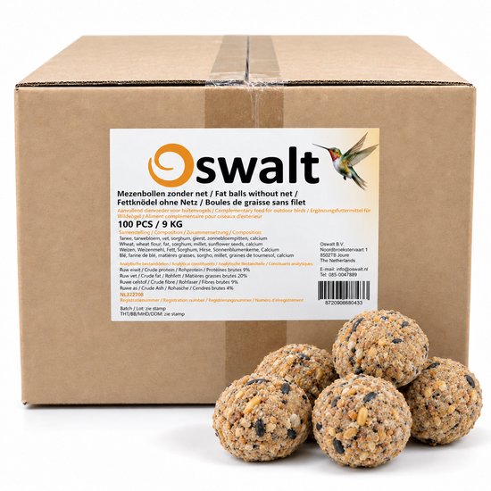 Kartonnen doos met 100 Oswalt mezenbollen zonder net, gemaakt van granen, zaden en vet voor buitenvogels.