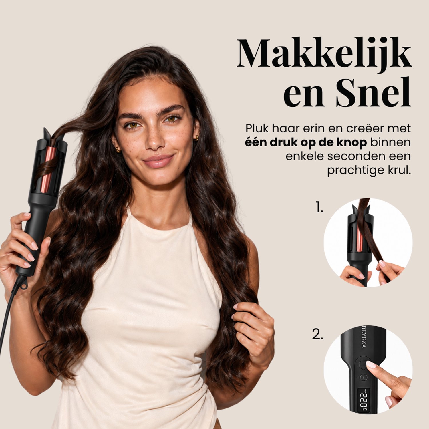 Beyeza Automatische Krultang 2.0 - Haarstyler - Roterende Krulborstel - Wafeltang - Incl. Haarkam, haarklem - Airstyler Haarkruller - Hair Curler - Snel en Veilig thumbnail 4