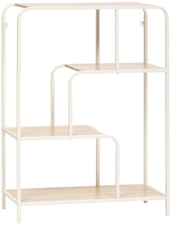 Wit metalen rek met 4 lichtbruine houten planken, trapvormig ontwerp.