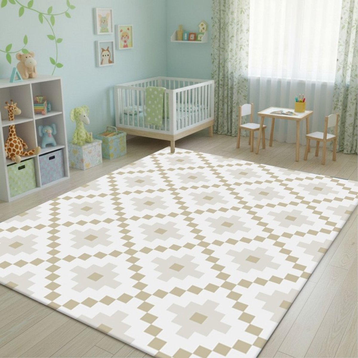 TapisTrend Kinderkleed Crème 80x150 cm Crèmekleurig kindertapijt met een herhalend geometrisch ruitpatroon voor de slaapkamer en speelruimte Beige