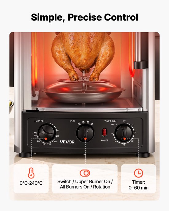 VEVOR Verticale Dönergrill 22 L 1500 W Gyrosgrill Kebabgrill Shawarma voor Gezinnen en Kleine Gezelschappen, 0-240 °C, 0-60 min Timer, met Draaispit, Grillrooster, Lekbak en Kruimellade — afbeelding 5