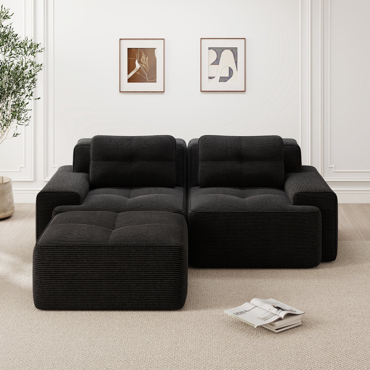 MUVANO Zwarte modulaire bank - L-vormige bank met hocker - Corduroy 2-zits bank - Krasbestendig en modulair - 204x177x69cm - Slaapbank functie - Woonkamer Zwart