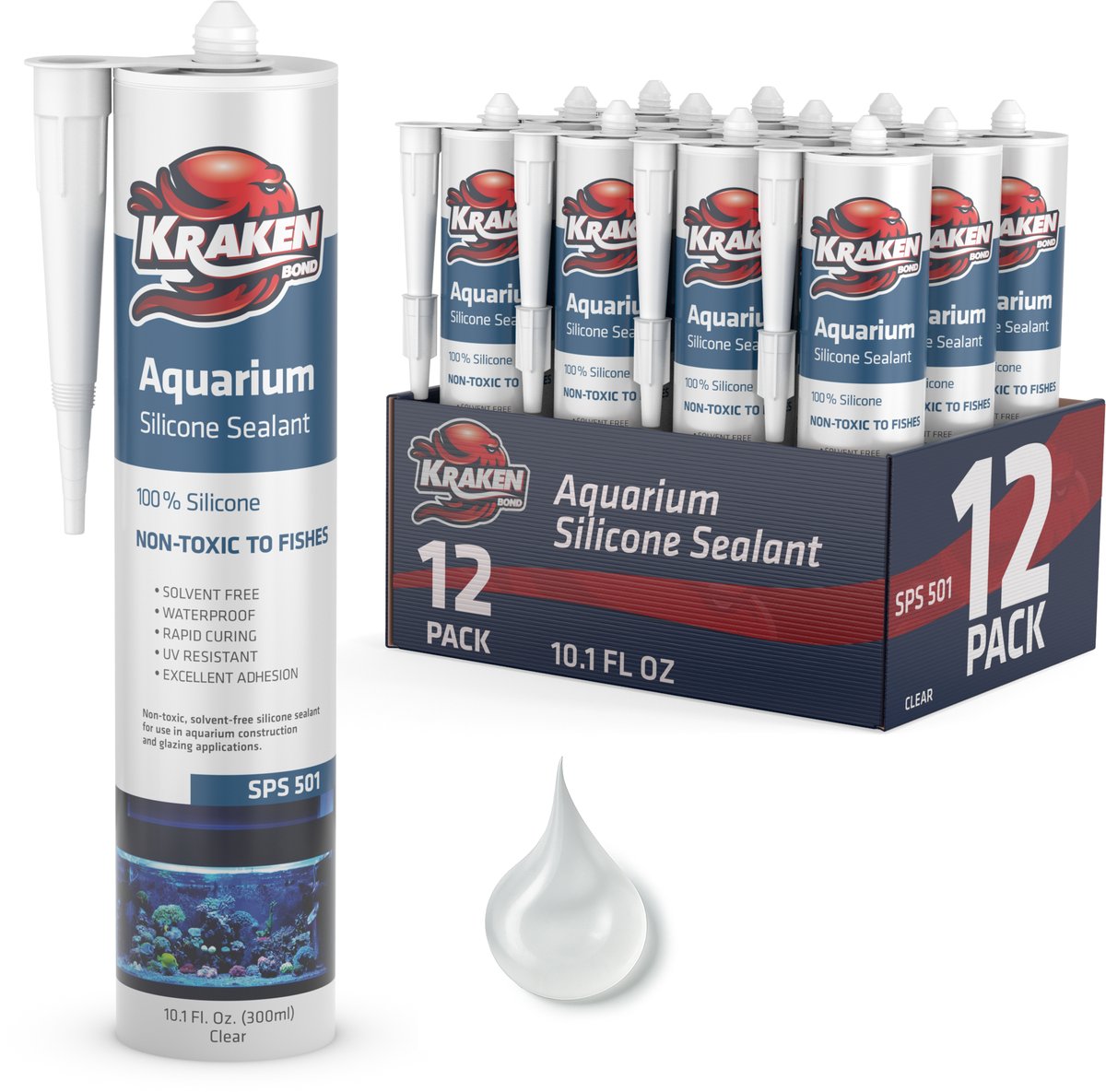Kraken Bond Aquarium Siliconenkit Transparant 300 ml – 12 stucks- 100% Silicone – Waterdichte Afdichting – Sterke Hechting – Voor Aquaria & Glas