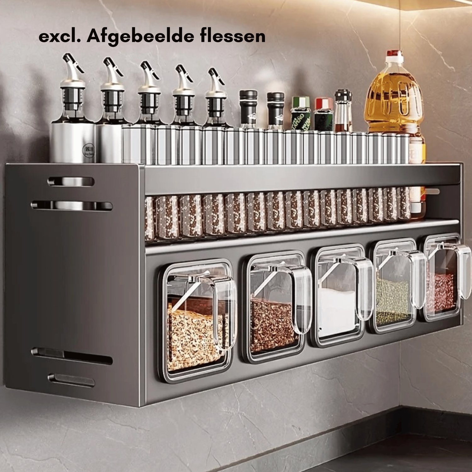Homezo kruidenrek - Praktisch wandrek voor keukenkruiden - 5 Kruidenpotten - Transparant - Montage zonder boren - Aluminium frame