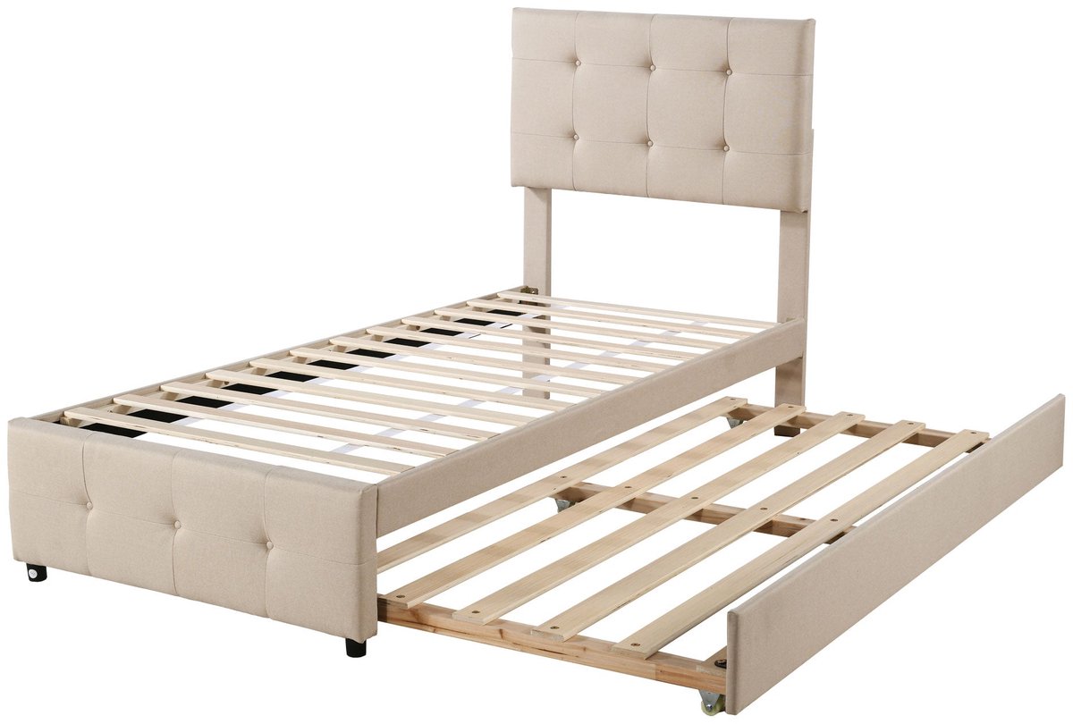 Merax 90x200 cm Kinderbed met Uittrekbaar Bed en Verstelbaar Hoofdeinde - Beige - Gestoffeerd Eenpersoonsbed met USB Oplaadfunctie