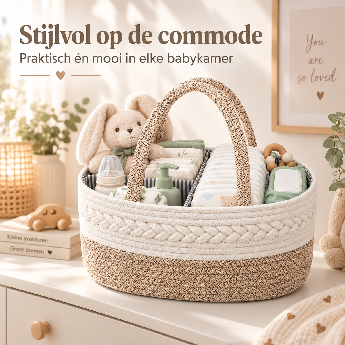 Luiermand voor Commode – Baby Organizer met Uitneembare Vakken – Commodemandje met Handvatten – 36 x 22 x 18 cm – Opbergmand voor Luiers, Doekjes & Babyverzorging – Beige – foto 4