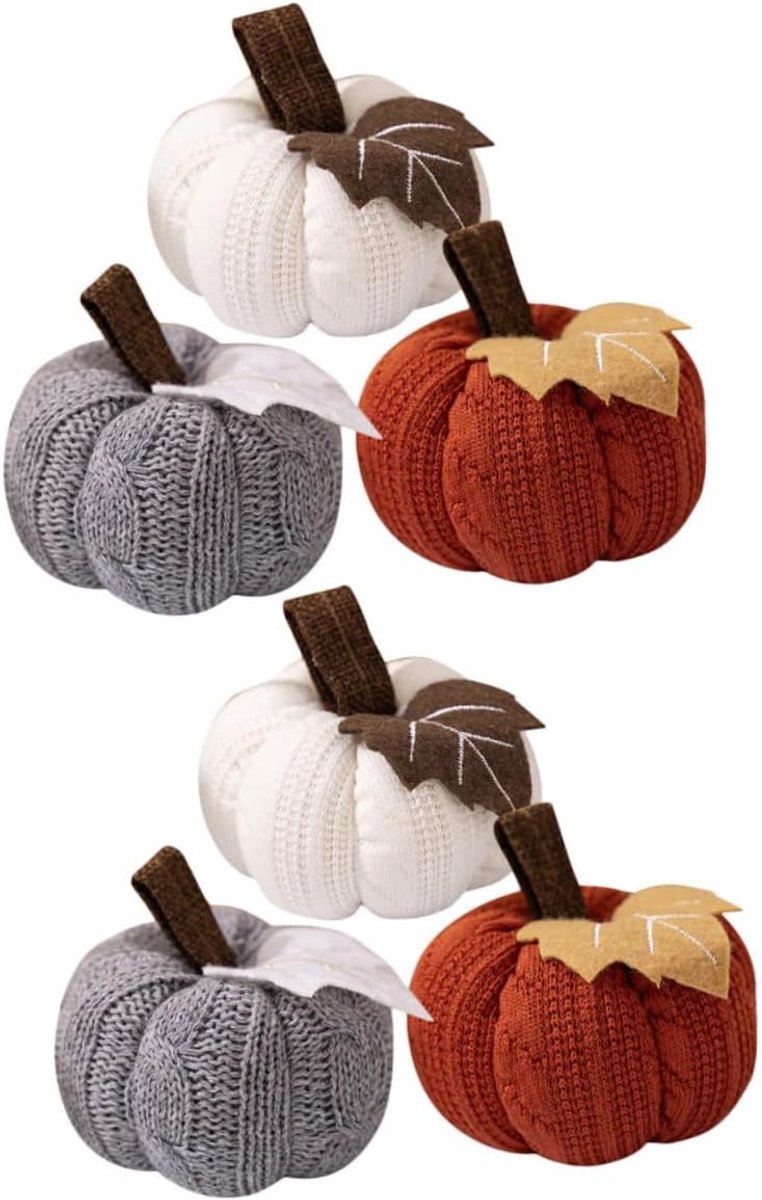6 Stuks Gehaakte Pompoenen Kunstmatige Gebreide Herfstdecoratie met Realistische Textuur Duurzame Compacte Oranjerode Grijze Witte Ornamenten voor Thanksgiving Feestelijke