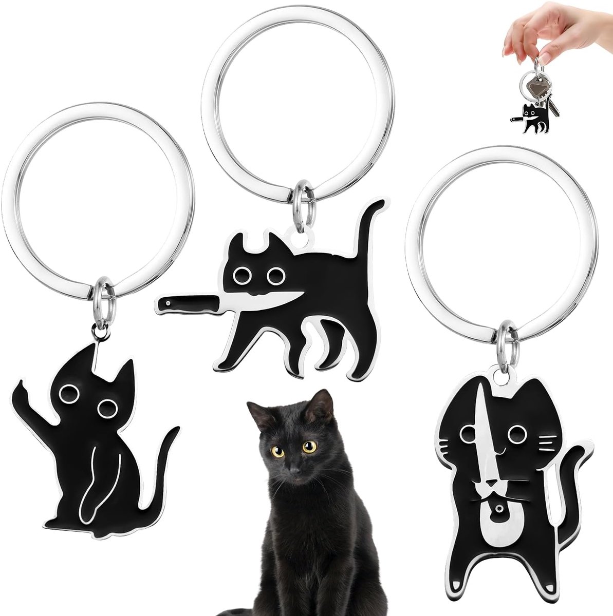 3 stuks zwarte kattensleutelhangers van roestvrij staal, schattige kattensleutelhanger voor sleutelaccessoires, cadeau voor kattenliefhebbers