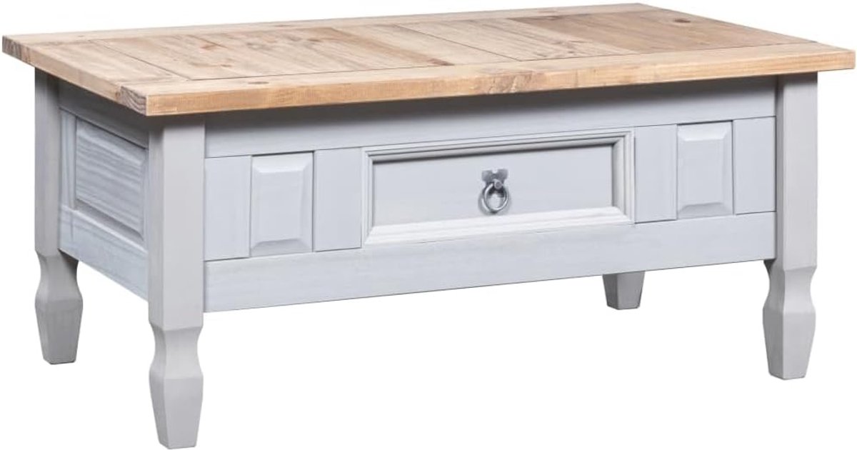 Bijzettafel voor de woonkamer, functionele salontafel in Mexicaanse stijl, grenenhout, grijs, 100 x 60 x 45 cm, voor woonkamer, slaapkamer