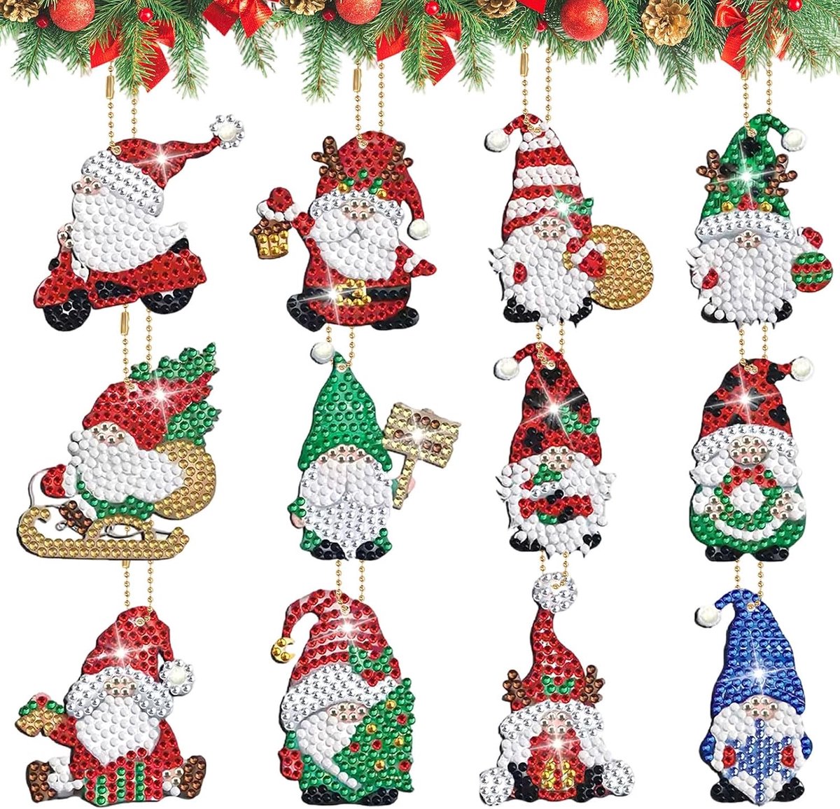 5D Diamond Painting kersthangers, 12 stuks diamond painting sleutelhangers, kerstman, sleutelhanger, sneeuwpop, diamantschilderij voor kerstboomdecoratie