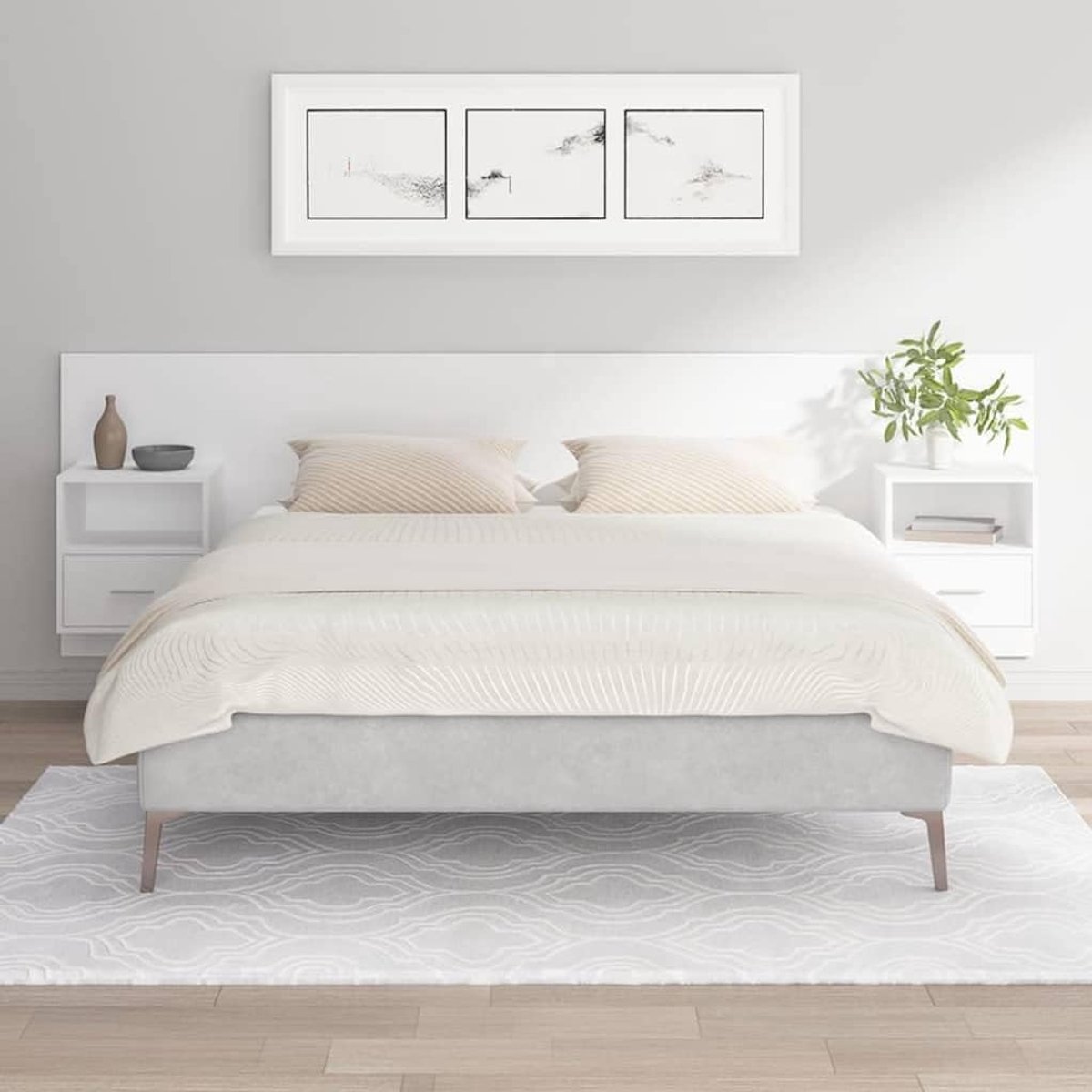 Hoofdeinde met nachtkastjes, wit, houtmateriaal, hoofdeinde voor slaapkamer, hotelhoofdeinde, werkkamer, voor slaapkamer, tweede slaapkamer, hotel