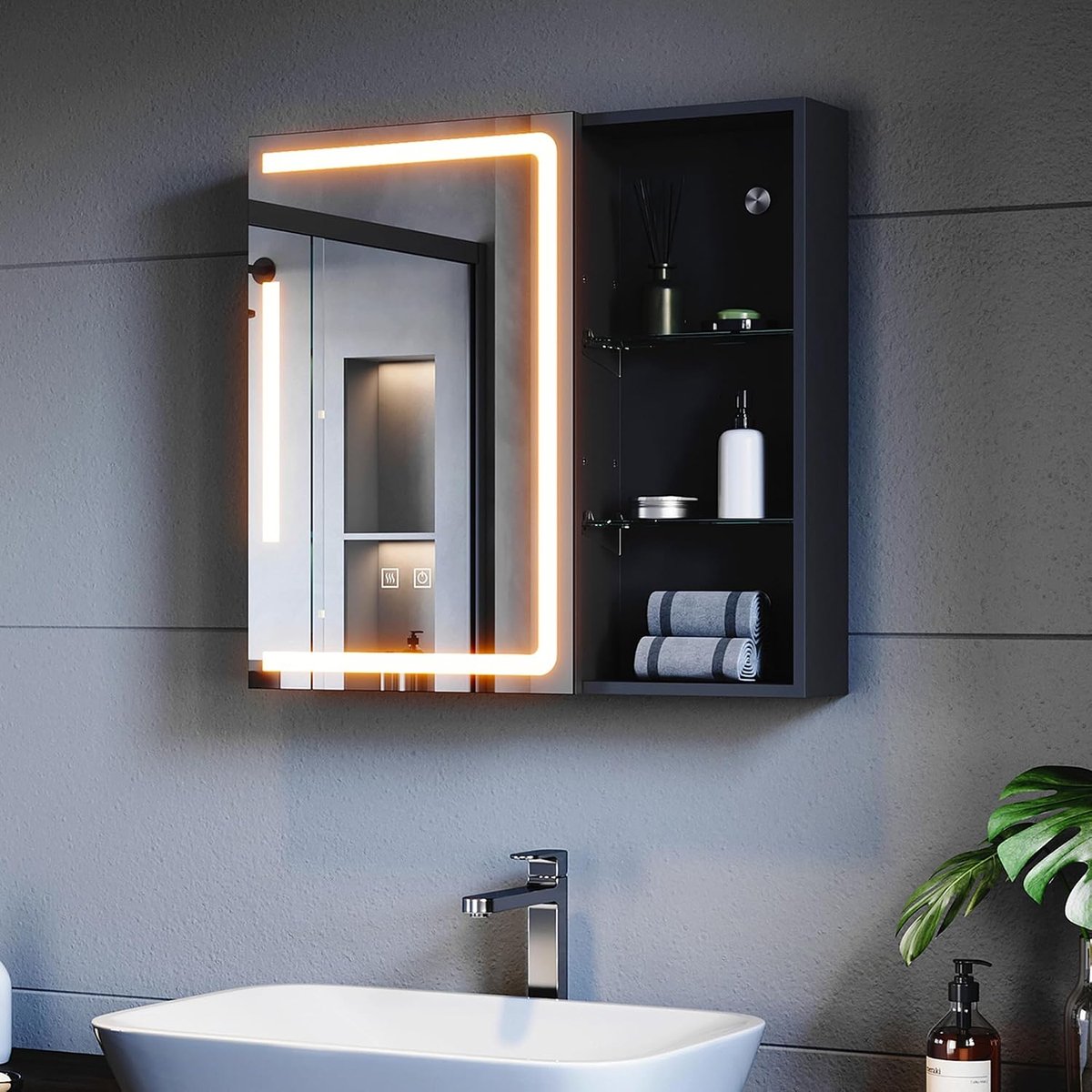 Badkamerspiegelkast met verlichting en stopcontact, 650 x 600 mm, metalen badkamerkast met spiegel en planken, 3 kleurtemperaturen, dimbaar, anti-condens, zwart