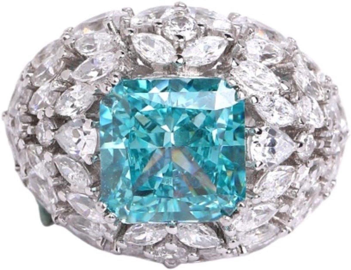 6 karaat zeeblauwe edelsteen verlovingsring stralend gesneden trouwbelofte ringen 925 sterling zilveren CZ gesimuleerde grote diamanten ring voor vrouwen vrouw bruiden fijne sieraden, 9,