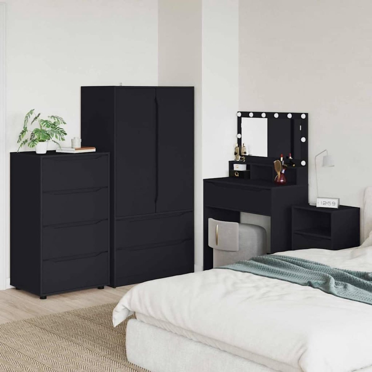 Set van 2 commodes met 4 laden, nachtkastje voor slaapkamer en woonkamer, moderne opbergkast van houtmateriaal, 60 x 48 x 105 cm, zwart