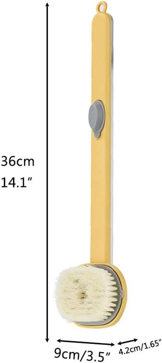 Badborstel, peelingzeepdispenser met lange steel, voor lichaamsmassage, afmetingen 36 x 9 x 4,2 cm (geel)