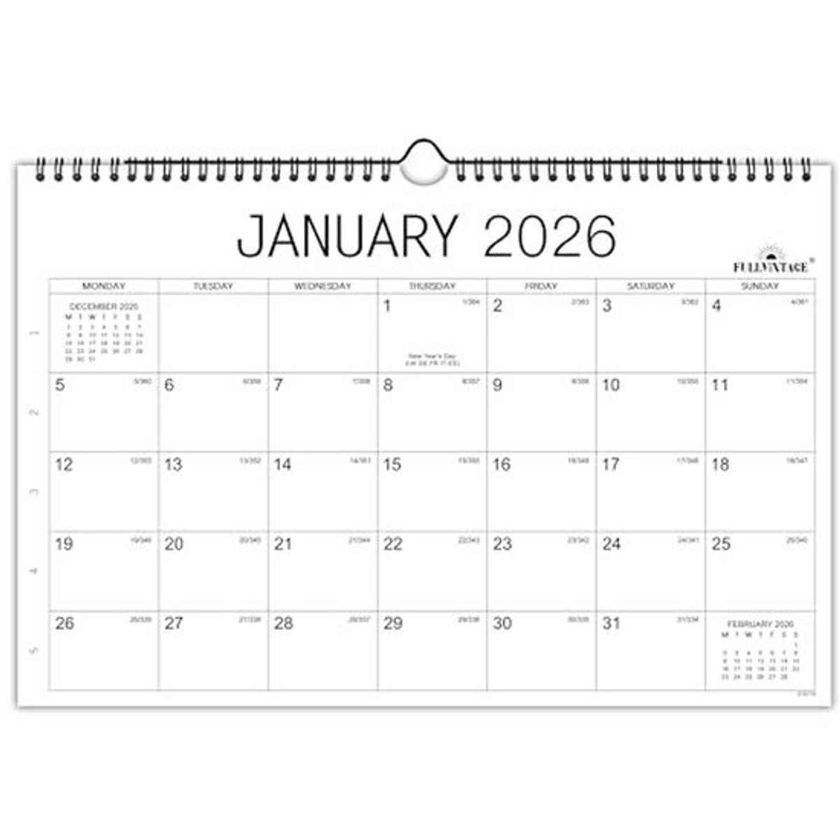 Wandkalender 2026 met grote blokken en dubbeldraads binding - gezinskalender van januari tot december