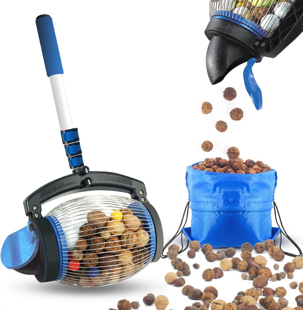 Notenverzamelaar, walnootkiezer bovenste rol, pecannotenplukker bovenste - direct dump uitlaat | Toepassen op walnoot, pecannoten, hickory, kastanjes, buckeyes, nerfballen, golfobjecten grootte