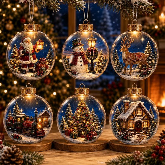 kerstbal - set van 6 Verlichte kerstornamenten met tafereeltjes - Ø 8cm - Met Warm Licht & Goudkleurig Kapje - Klaar om op te hangen - Platte acryltaferelen - Feestelijk cadeau-idee - Kerstboomhangers - Voor Kerstboom, Krans, Raam & Feestdecoratie