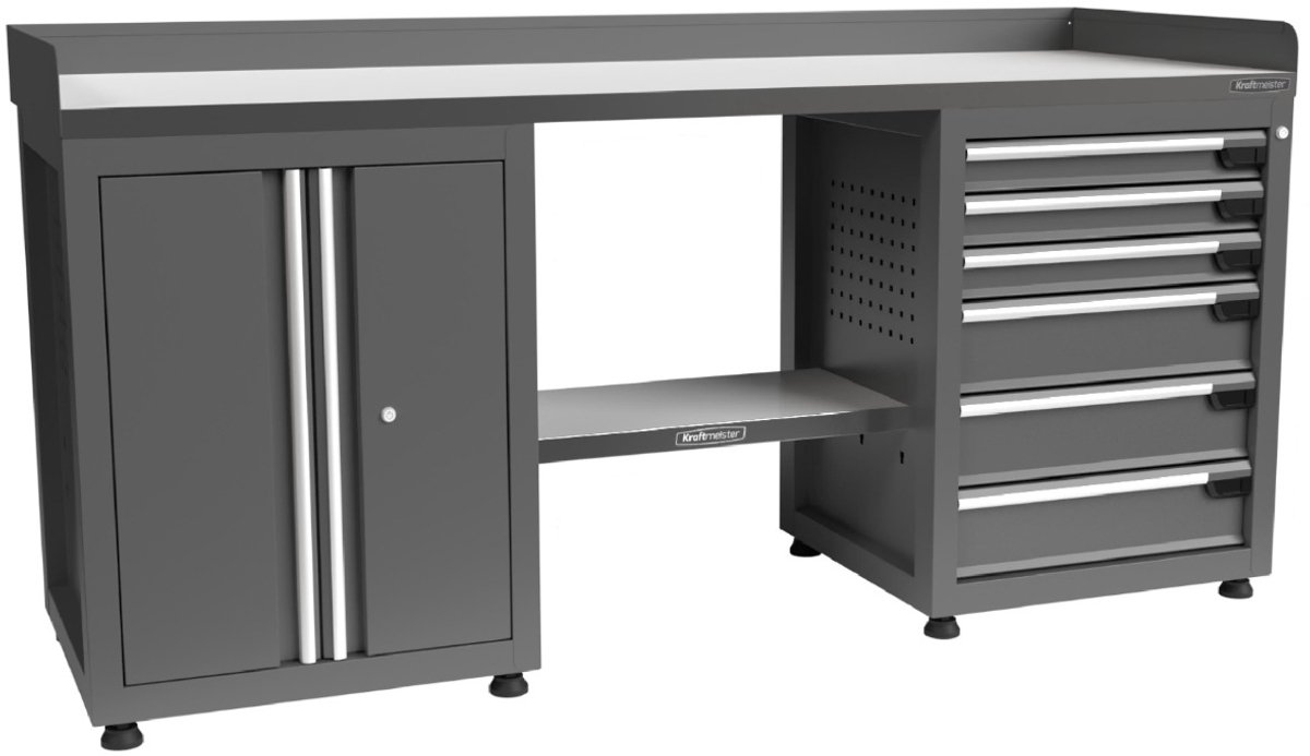 Kraftmeister werkbank 200 cm - Werktafel met 6 laden, 1 opbergkast en RVS werkblad - Grijs
