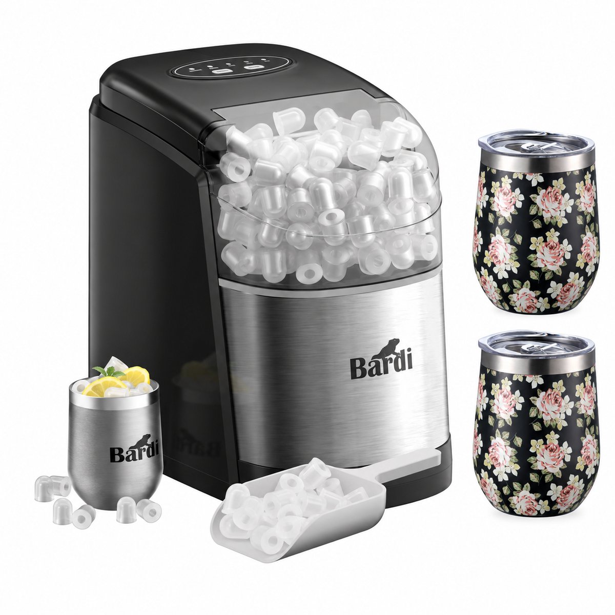 Bardi IJsblokjesmachine Set - 1.6L RVS - Zelfreinigingsfunctie - IJsblokmaker met IJsschep -met IJsschep - Inclusief 3 Luxe Thermosbekers en Ijsschep- Bloemetjes