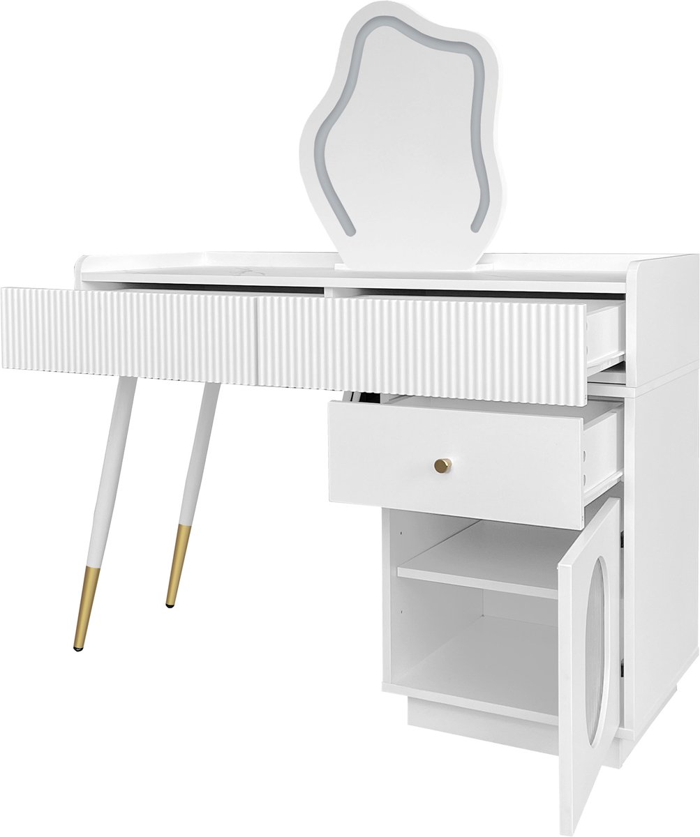 Kaptafel Met Ledspiegel - Make-Uptafel Met Drie Ruime Laden En Aparte Opbergkast - Voor Slaapkamer Of Dressing - Wit Spaanplaat