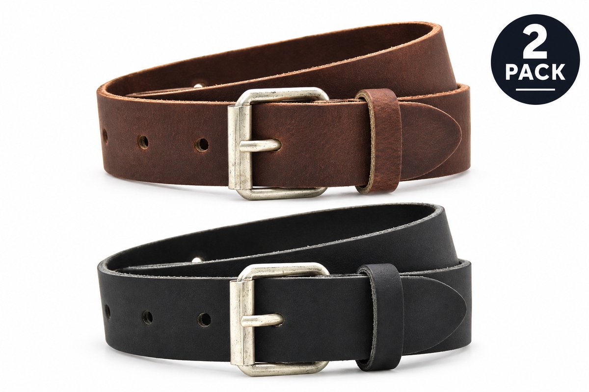 2 Stuks - Leren kinderriemen Zwart & Bruin 3 cm breed - zwarte en bruine Kinder riem - Echt Leer - Maat: 75 - Totale lengte riem: 90cm