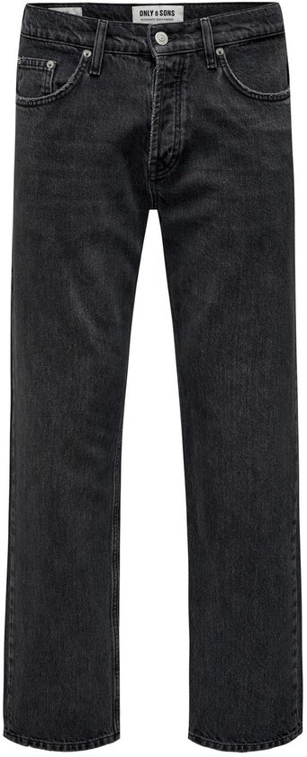 Donkere, wijde jeans met vijf zakken en knoopsluiting.