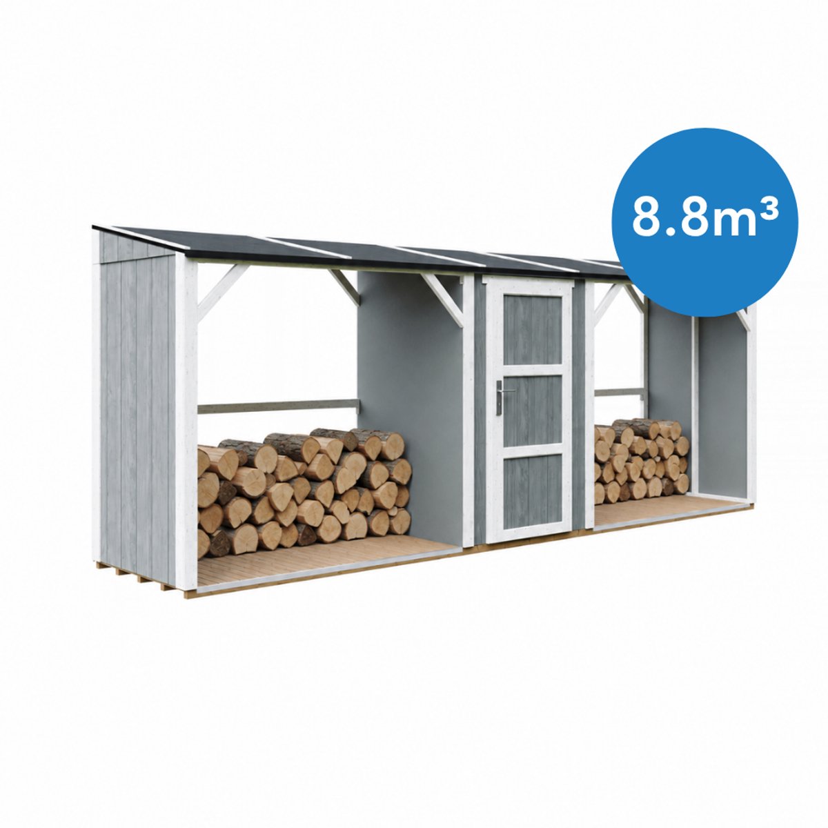 Timbela M986-CAVERN STEEL - LP SmartSide Dubbele Houtopslag met Afgesloten Bergruimte - 6,49 m² - Twee houtopslagzones met een totale capaciteit van ~8,8 m³
