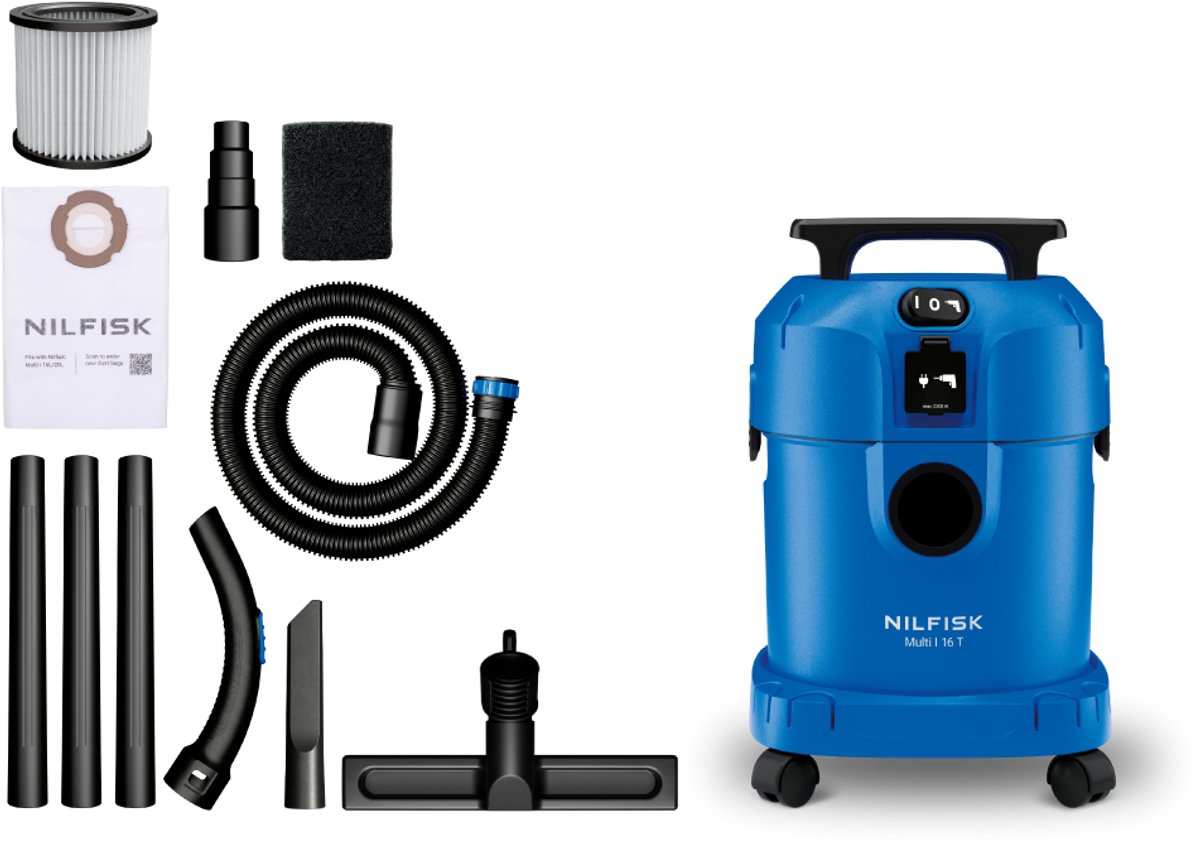 Nilfisk Multi I 16 T Nat- & Droogzuiger 1100W - 16L Bouwstofzuiger met Stopcontact voor Elektrisch Gereedschap - Waterzuiger met Blaasfunctie