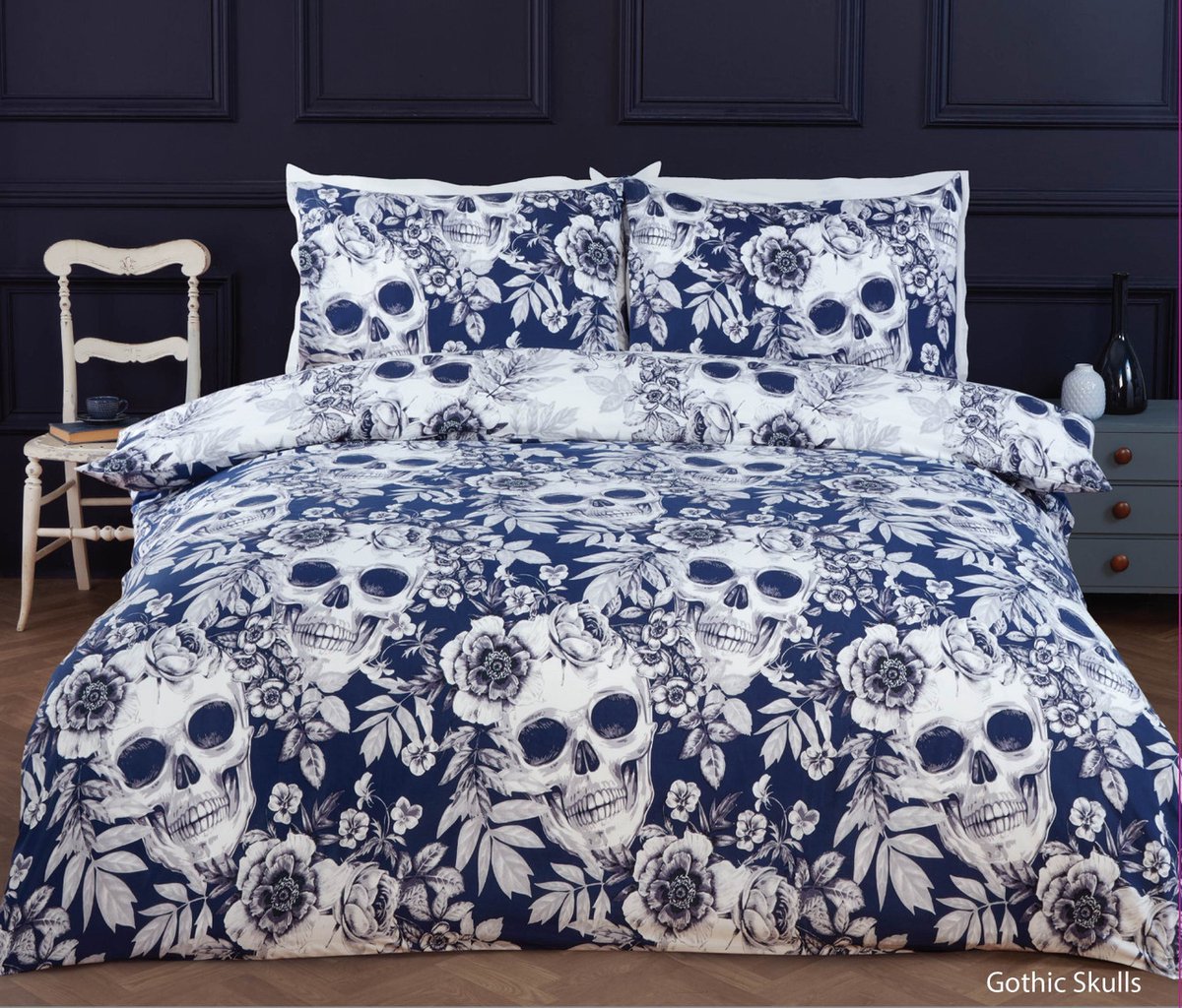 Gothic Skulls Dekbedovertrek - Eenpersoons - Schedel & Bloemen Print - Navy Blauw - Inclusief Kussensloop