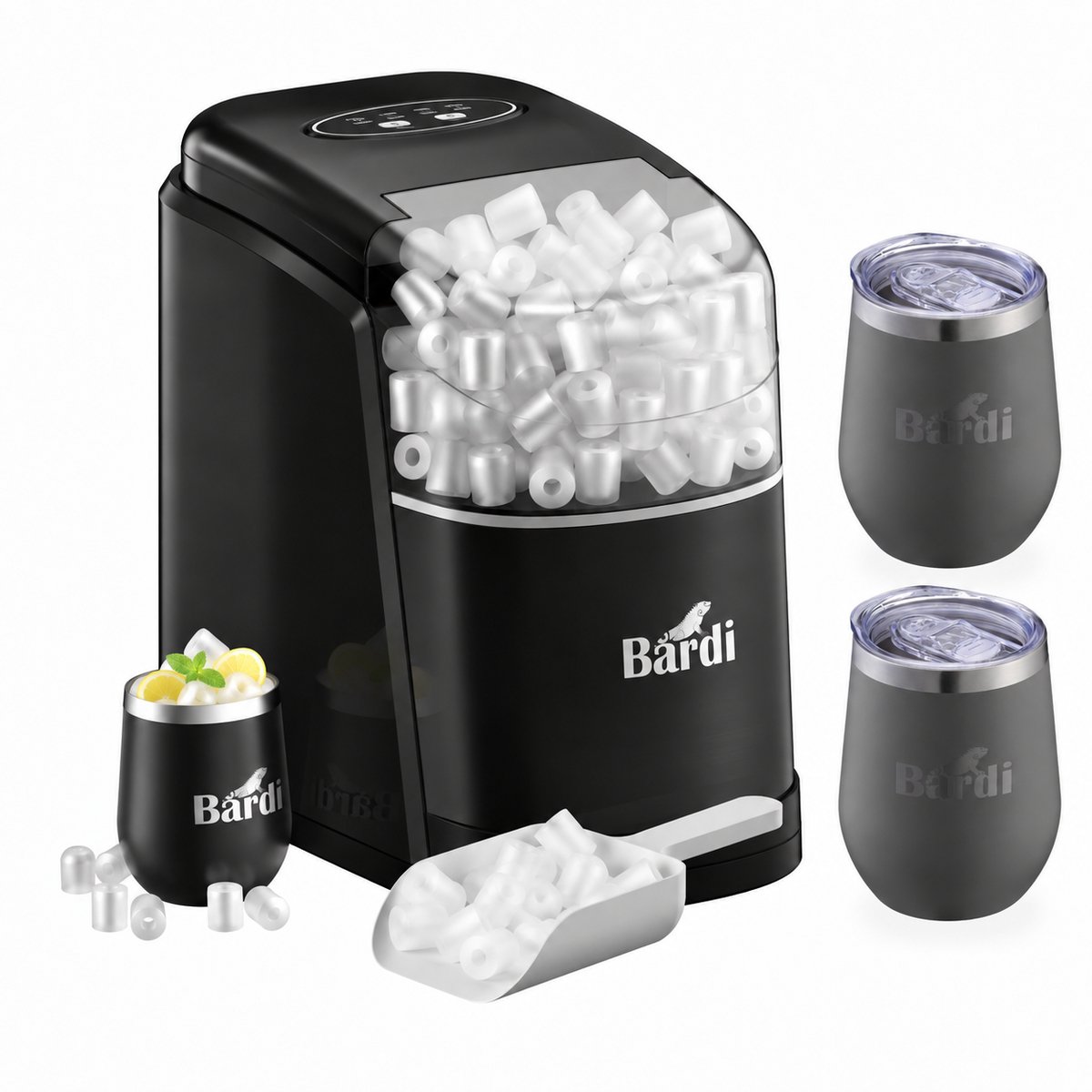 Bardi IJsblokjesmachine Set - 1.6L Zwart - Zelfreinigingsfunctie - IJsblokmaker met IJsschep -met IJsschep - Inclusief Luxe 3 Thermosbekers en Ijsschep- Grijs