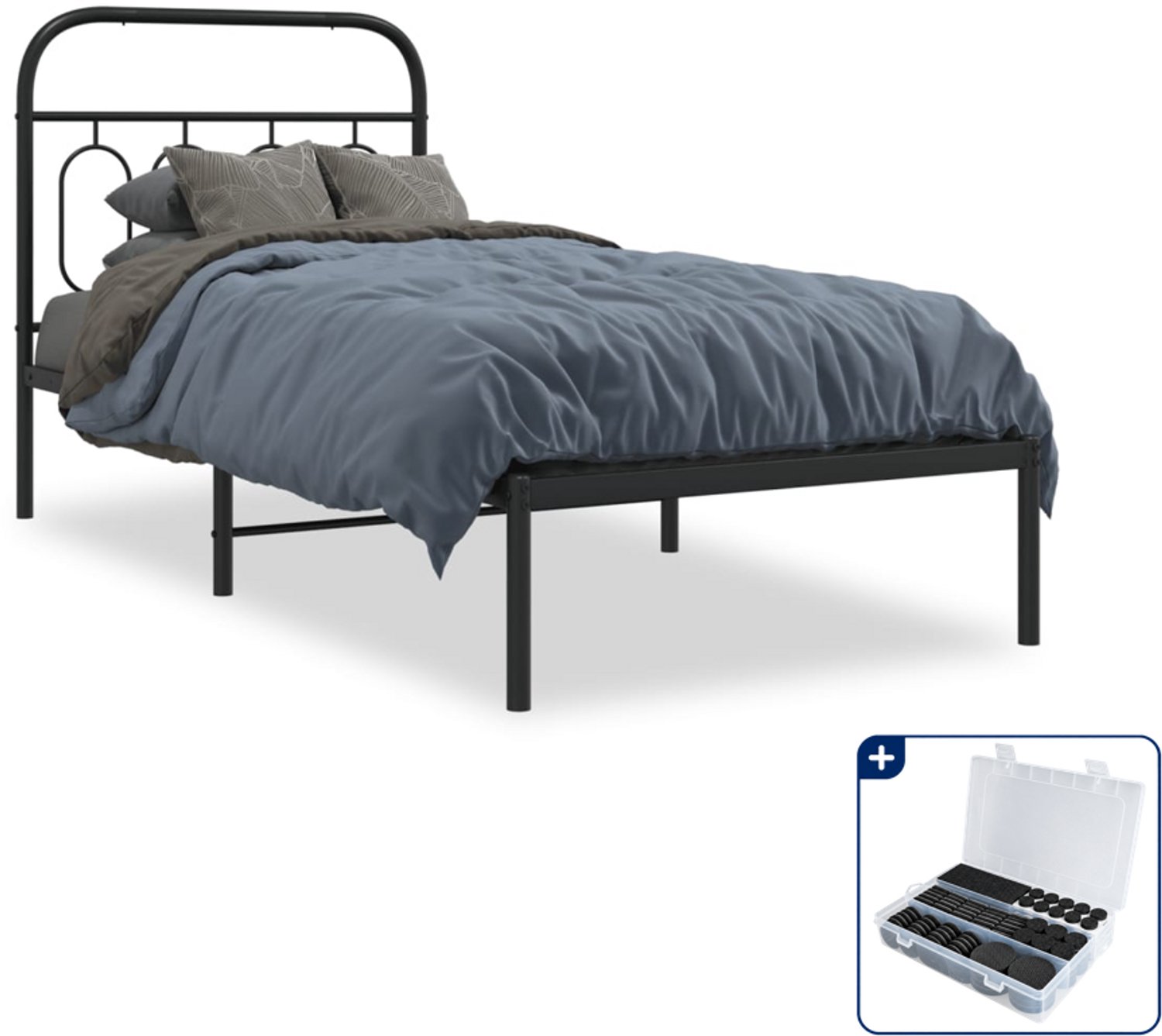 vidaXL bedframe met hoofdbord - 90 x 190 cm - staal - zwart - Inclusief antikrasvilt 177-delig