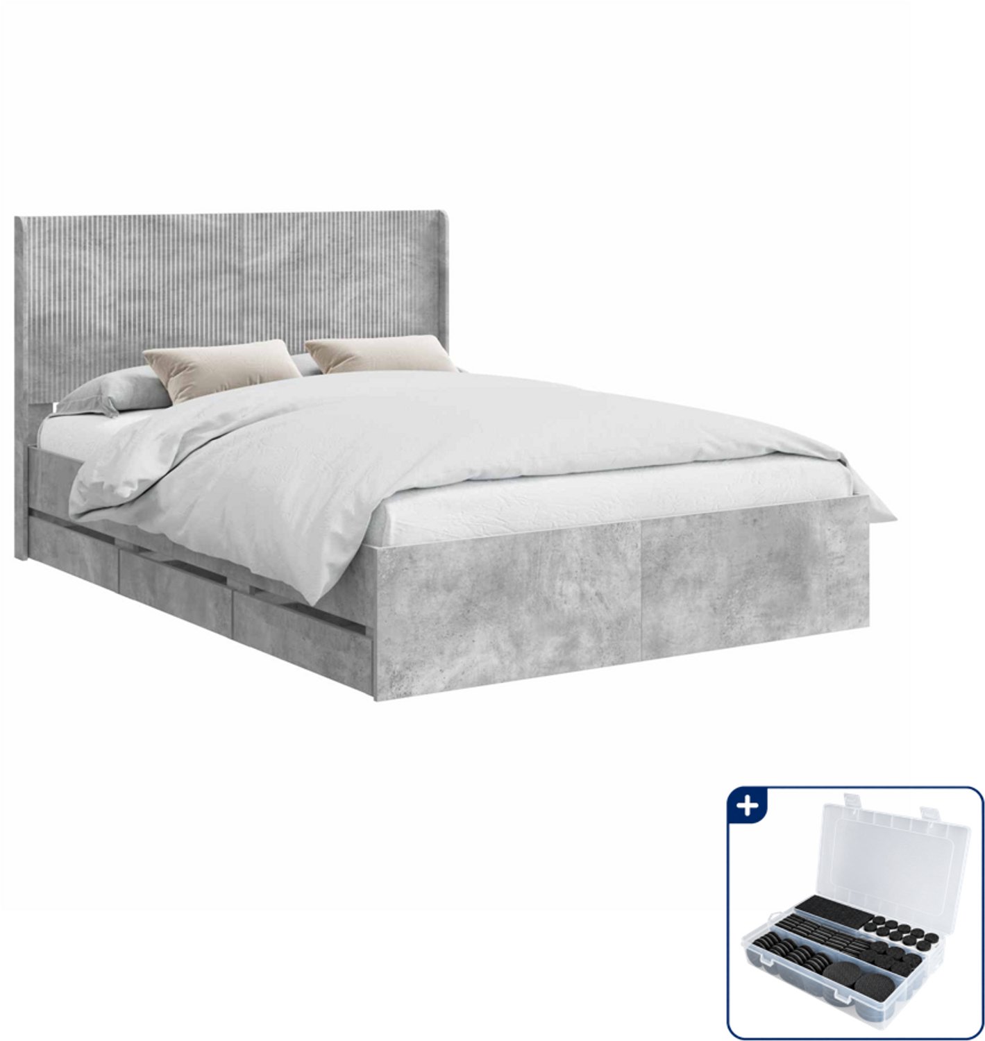 vidaXL bedframe met opbergruimte - 140 x 190 cm - bewerkt hout - betongrijs - Inclusief antikrasvilt 177-delig