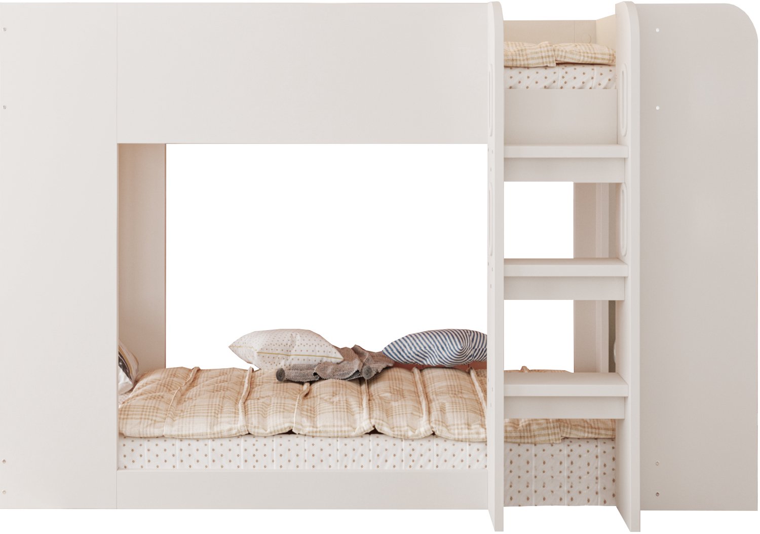 MUVANO Wit kinderstapelbed 90x200 cm - Met uitvalbeveiliging, brede ladder en opbergplanken - MDF en multiplex - Vrij in te richten onderruimte