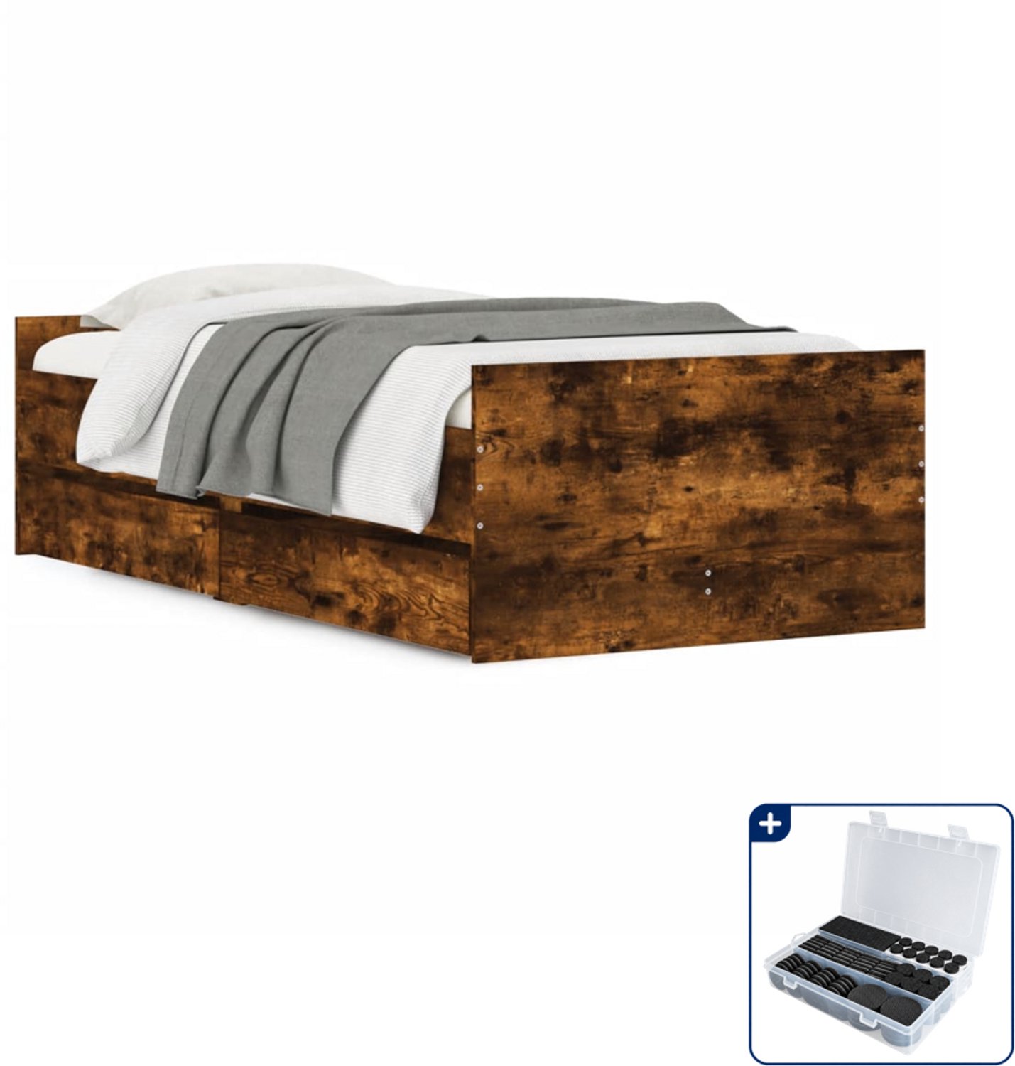 vidaXL bedframe met lades - 75 x 190 cm - bewerkt hout - gerookt eiken - Inclusief antikrasvilt 177-delig Zwart