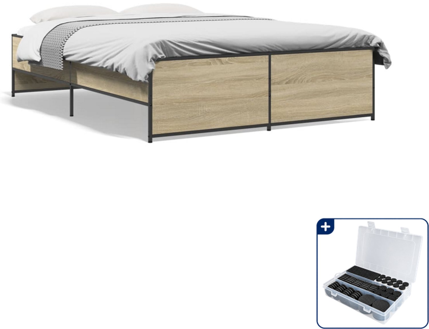 vidaXL Bedframe - 120 x 200 cm - bewerkt hout en staal - sonoma eiken - Inclusief antikrasvilt 177-delig Wit