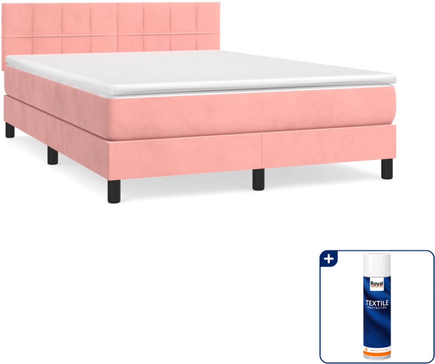 vidaXL boxspring met matras 140 x 190 cm - fluweel - roze - Inclusief textielbeschermer 500 ml