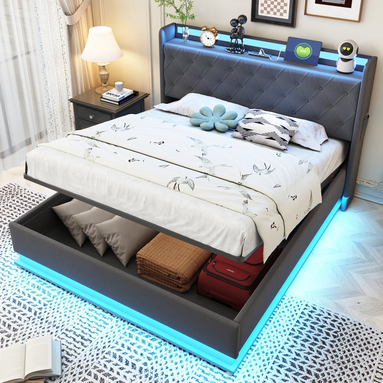 Maisentiel Gestoffeerd bed 140 x 200 cm - grijs - met opbergruimte, LED en USB-aansluiting
