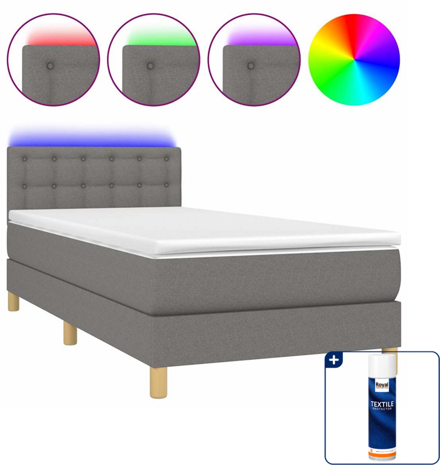 vidaXL boxspring met matras en LED - 90 x 190 cm - donkergrijs - Inclusief textielbeschermer 500 ml