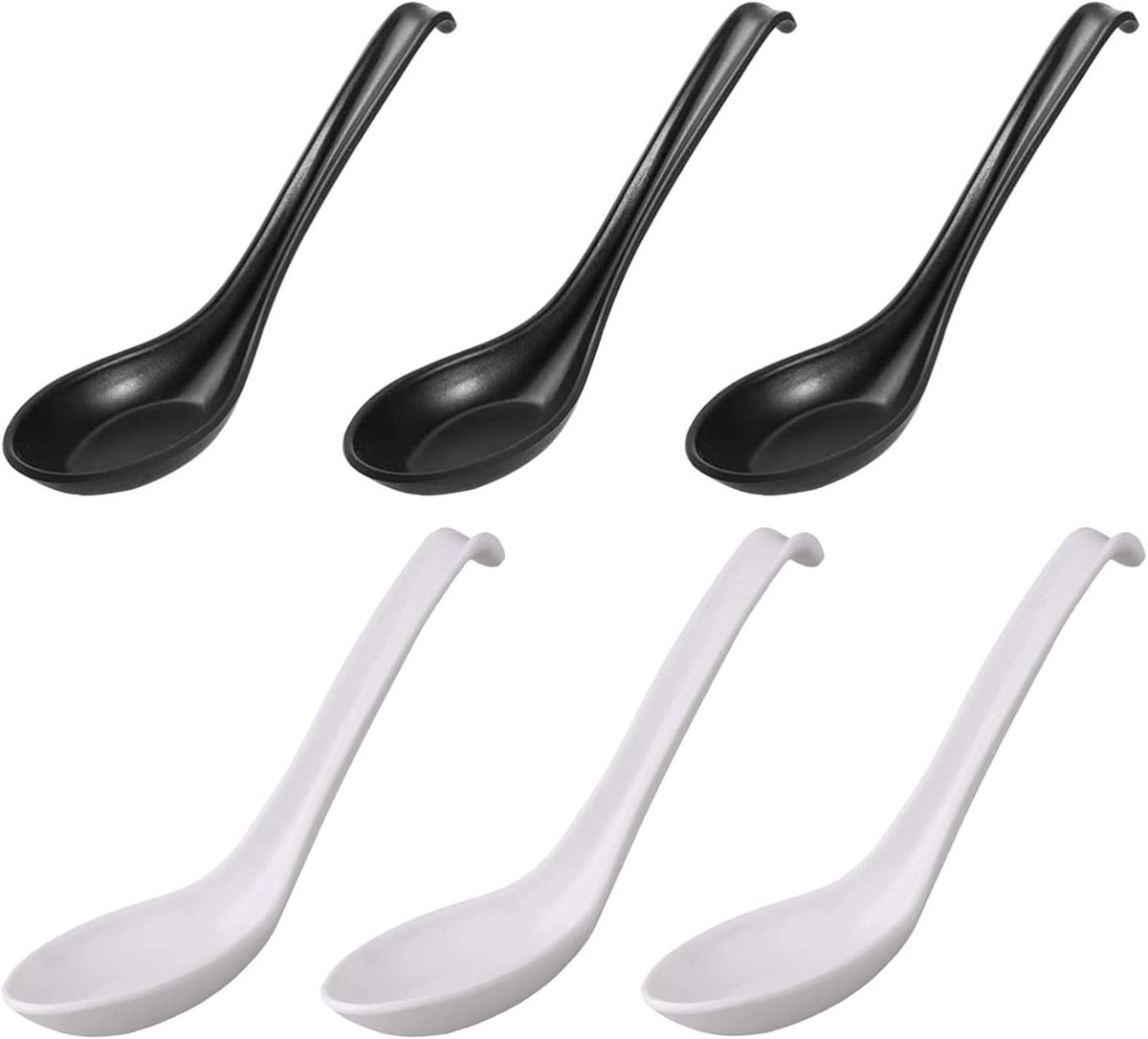 Soeplepels van melamine, 16,5 cm, Japanse ramenlepel, met lange handgreep en haak, ronde bodemlepel, voor restaurant/keuken (wit + zwart)