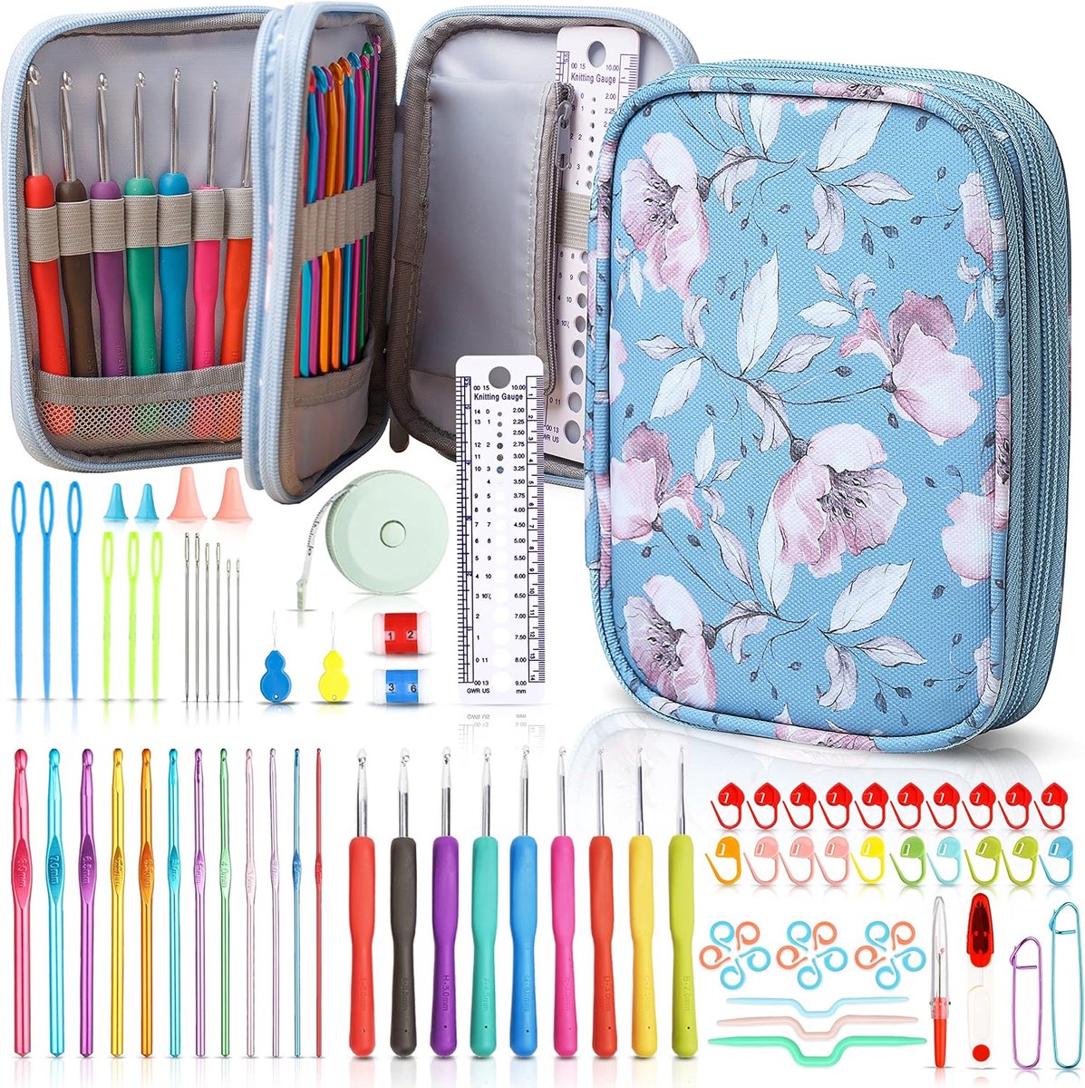 Haakset voor beginners, 86-delige haaknaaldenset, 9 maten haaknaalden met ergonomische zachte greep, 12 maten aluminium haaknaalden, 65 accessoires voor haken, breien