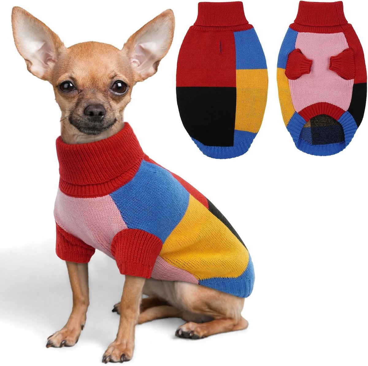 vintage hondentrui klein met benen, zachte en warme trui met harnasgat, gekleurde kersttrui voor puppytruien voor mini-teckel, speelgoedpoedel, rood, S