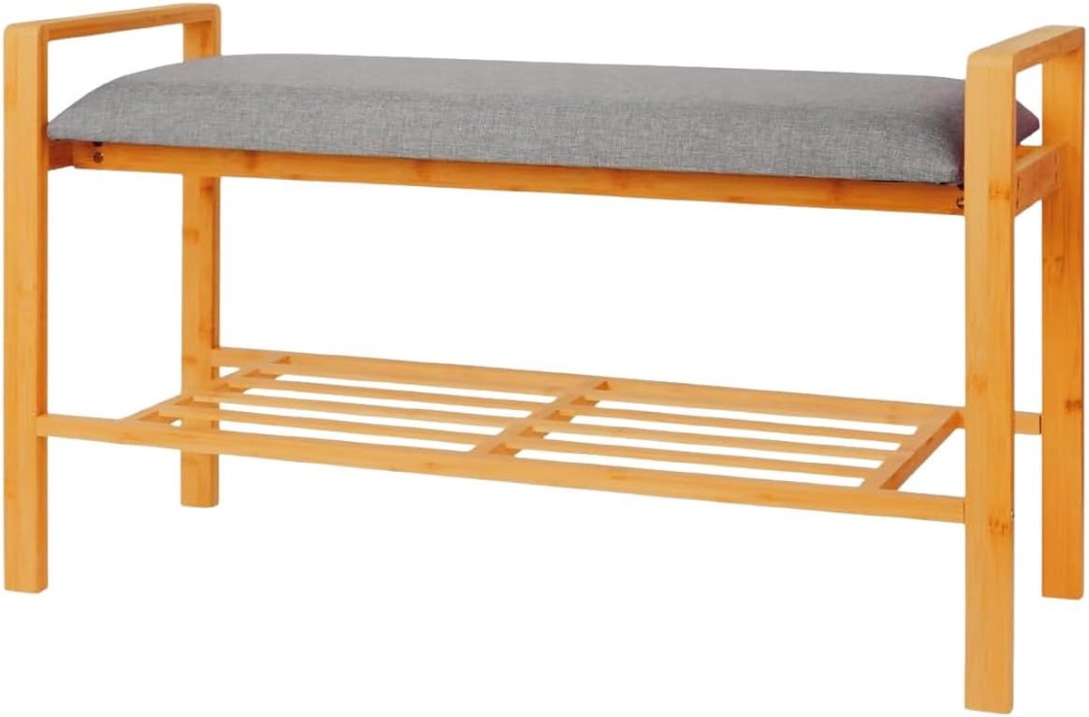 - Schoenenbank van bamboe met gevoerd kussen en plank van latten voor schoenen en accessoires, natuurlijk design, ruimtebesparend, eenvoudig te monteren en te reinigen