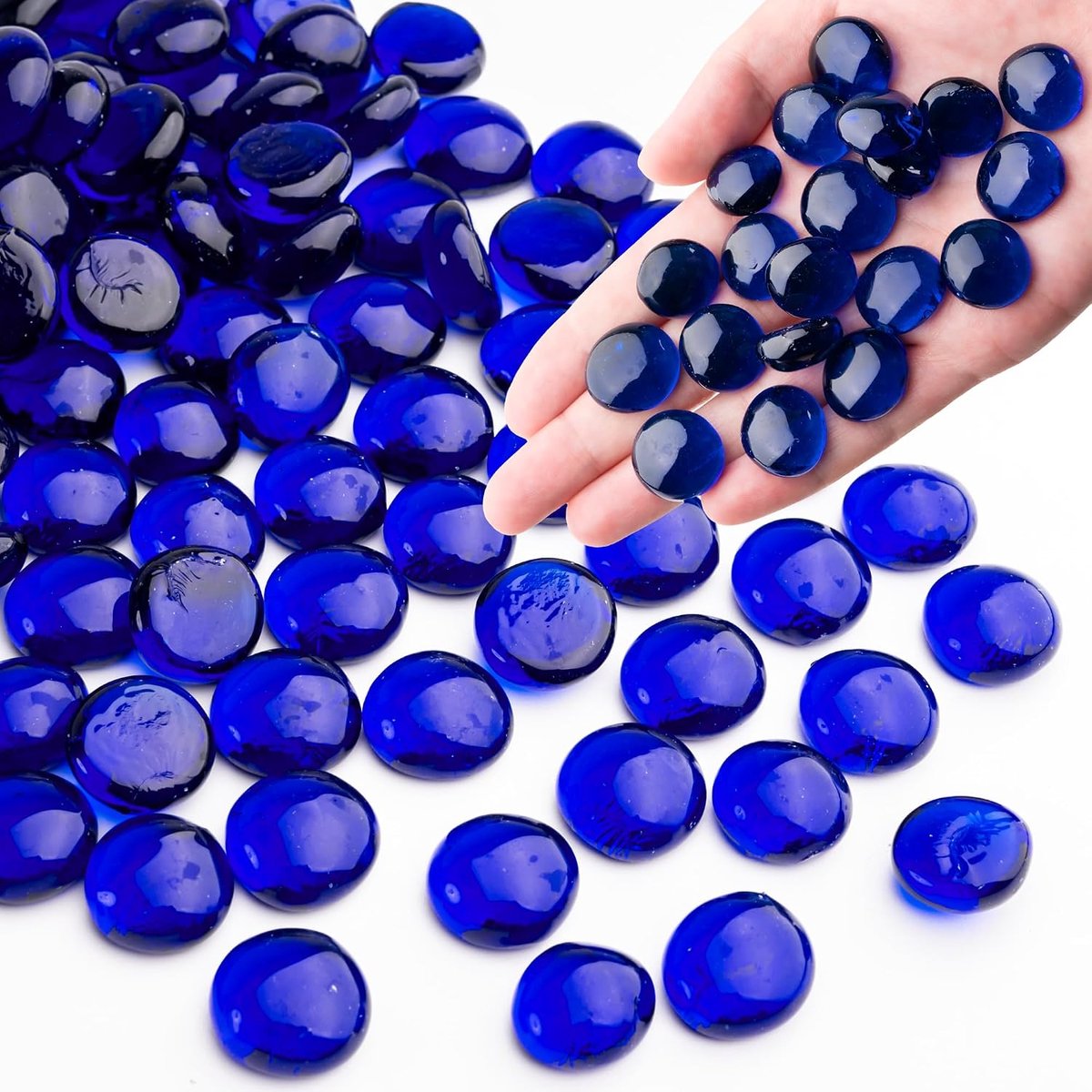 0,44 kg blauwe glazen ks, transparante en gladde platte glaskralen voor vazen, mozaïek edelsteen kiezels voor aquariumdecoratie, bloemstukken, Mancala-stenen, vaasvulling en ambachten (ca. 85