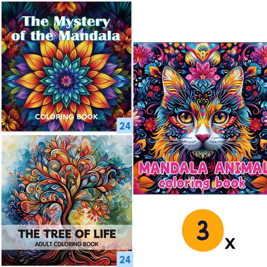 Set van 3 Goodli kleurboeken: 'The Mystery of the Mandala', 'The Tree of Life' en een mandala dieren kleurboek. Elk boek bevat 24 mandala kleurplaten.