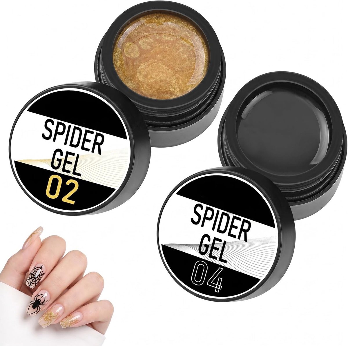Set van 2 Spider Gel voor nagels, goud en zwart, 3D-gel, nail art voor nageldesign, elastische schildergel voor lijnen en tekeningen, uv-/led-nagelgelset voor doe-het-zelf manicure thuis, 2 x 5 ml