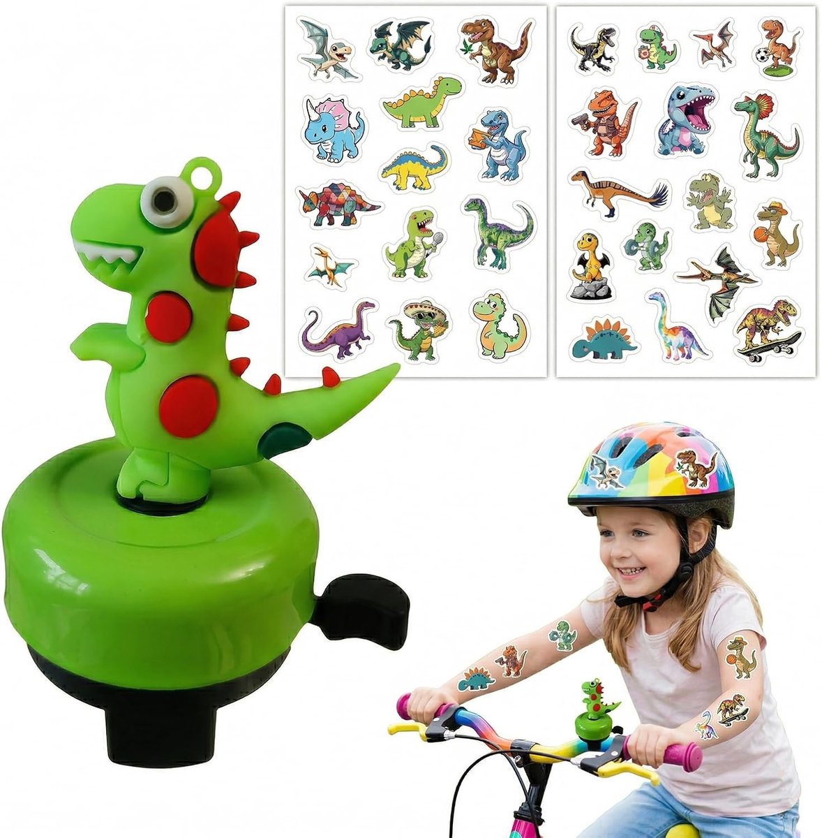 Fietsbel voor kinderen, dinosaurussauro, groen, met 2 glitterstickers, dinosaurus, voor helm, fiets en arm, sterke trompet voor fiets, balansfiets, scooter voor kinderen en volwassenen