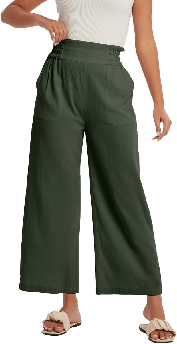 Umes Zomerbroek van katoen voor dames met wijde snit en brede pijpen, Palazzo-broek voor dames met elasticiteit en zakken